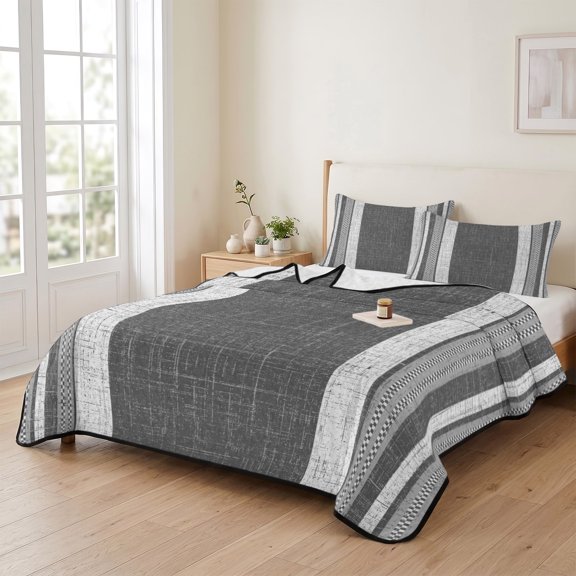 Queen Quilt Bedding Set, Retro Gray Black Stripe Linen Burlap Lightweight Coverlet Summer Comforter Set Soft Microfiber Bedspread, Country Geometric Art 3 Piece Quilt Set with 2 Pillow Shams