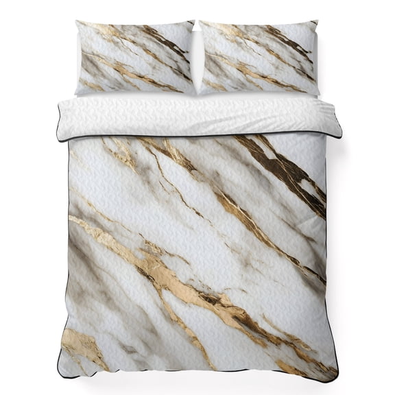 Queen Quilt Bedding Set, Retro Marble Waves Seamless Soft Microfiber Summer Bedspread Coverlet with 2 Pillow Shams, Abstract Texture Golden Veins Breathable Bedding Set for Hot Sleepers