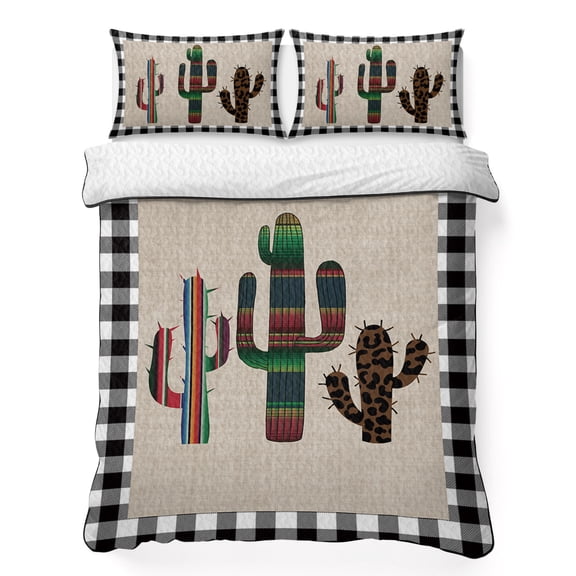 Queen Quilt Bedding Set, Retro Mexico Stripe Cactus Tropical Plant on Linen Soft Microfiber Summer Bedspread Coverlet with 2 Pillow Shams, Buffalo Check Breathable Bedding Set for Hot Sleepers
