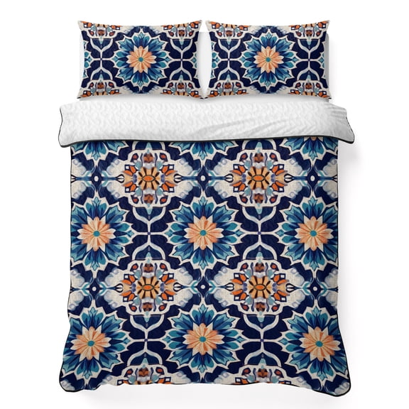 Queen Quilt Bedding Set Retro Moroccan Geometric Texture Lightweight Summer Quilted Coverlet for Hot Sleepers, Abstract Blue Flower Breathable Soft Cooling Blanket with 2 Pillow Shams for All Season