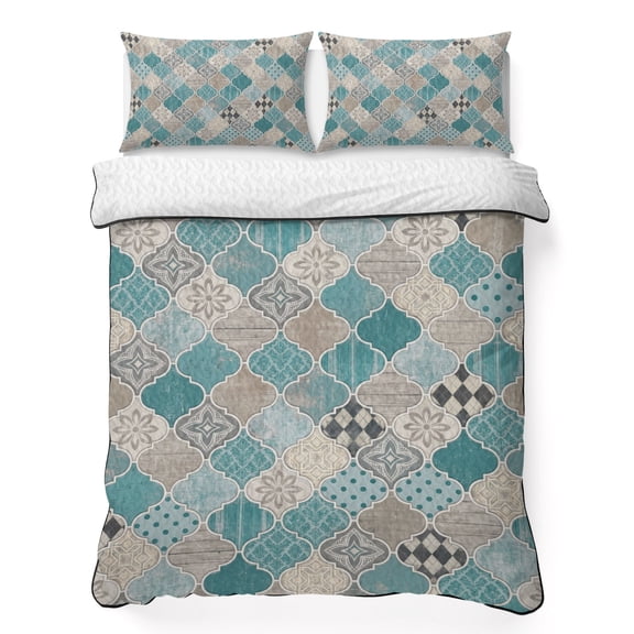 Queen Quilt Bedding Set, Retro Moroccan Plaid Teal Gradient Soft Microfiber Summer Bedspread Coverlet with 2 Pillow Shams for All Season, Abstract Geometric Breathable Bedding Set for Hot Sleepers