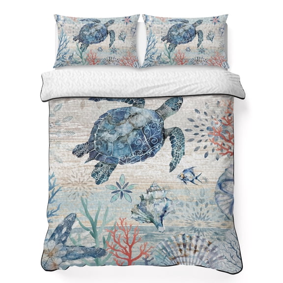 Queen Quilt Bedding Set, Retro Sea Turtle Gradient Coral Soft Microfiber Summer Bedspread Coverlet with 2 Pillow Shams for All Season, Summer Ocean Shell Breathable Bedding Set for Hot Sleepers