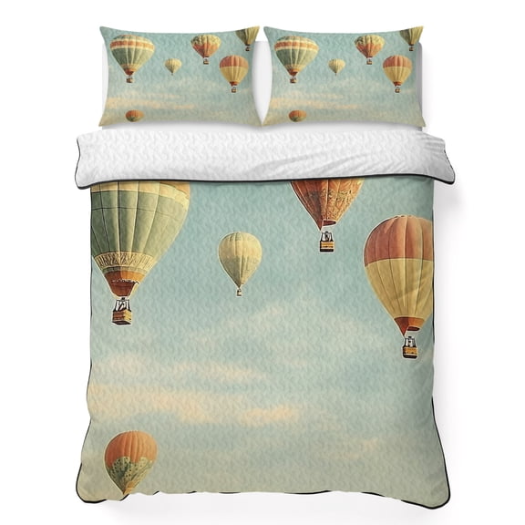 Queen Quilt Bedding Set Retro Style Hot Air Balloon Lightweight Summer Quilted Coverlet for Hot Sleepers, Blue Sky Cloud Scene Breathable Soft Cooling Blanket with 2 Pillow Shams for All Season