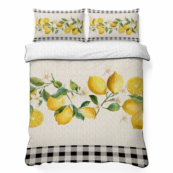 Queen Quilt Bedding Set, Retro Summer Lemons Soft Microfiber Summer Bedspread Coverlet with 2 Pillow Shams for All Season, Black White Plaid on Linen Breathable Bedding Set for Hot Sleepers
