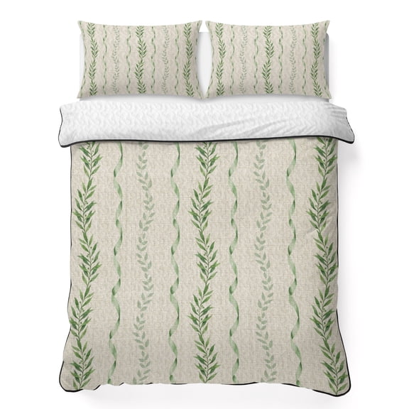 Queen Quilt Bedding Set, Rustic Botanical Leaves on Burlap Soft Microfiber Summer Bedspread Coverlet with 2 Pillow Shams, Foliage Vines Green Ribbon Breathable Bedding Set for Hot Sleepers
