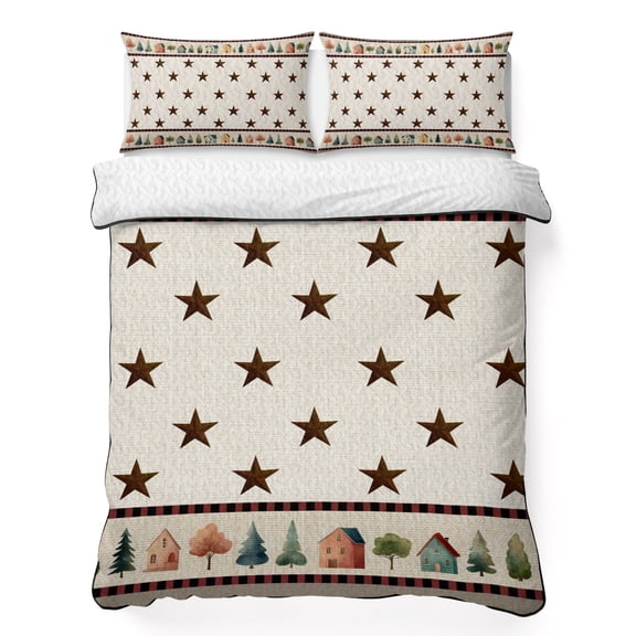 Queen Quilt Bedding Set Rustic Country Towns Illustration Breathable Summer Cooling Blanket for Hot Sleepers, Brown Stars Tree House Lightweight Soft Bedding Set with 2 Pillow Shams for All Season