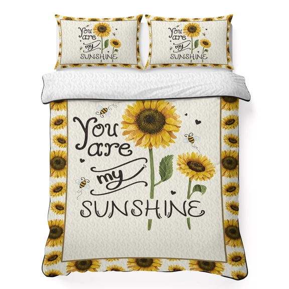 Queen Quilt Bedding Set SUNSHINE Sunflower Quotes Lightweight Summer Quilted Coverlet for Hot Sleepers, Retro Yellow Floral Breathable Soft Cooling Blanket with 2 Pillow Shams for All Season