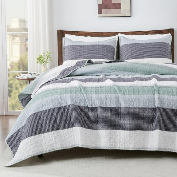 Queen Quilt Bedding Set Sage Green, 3 Pieces Patchwork Mint Green Striped Ultra Soft Lightweight Bedspreads, Coverlets Set with 2 Pillow Shams for All Seasons (90"x96")