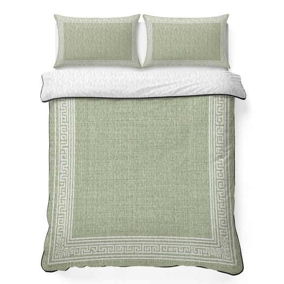 Queen Quilt Bedding Set Sage Green Linen Burlap Key Lightweight Summer Quilted Coverlet for Hot Sleepers, Abstract Greek Inspired Texture Breathable Soft Blanket with 2 Pillow Shams for All Season