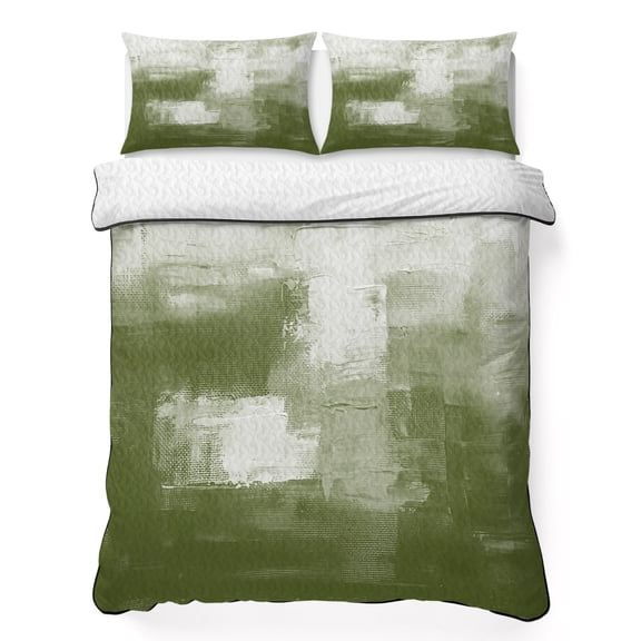 Queen Quilt Bedding Set, Sage Green Oil Painting Style Soft Microfiber Summer Bedspread Coverlet with 2 Pillow Shams, Watercolor Gradient Abstract Art Breathable Bedding Set for Hot Sleepers