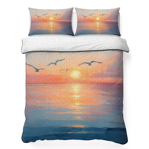 Queen Quilt Bedding Set, Sea ​​Bird Sunset Ocean Soft Microfiber Summer Bedspread Coverlet with 2 Pillow Shams for All Season, Watercolor Oil Painting Art Breathable Bedding Set for Hot Sleepers