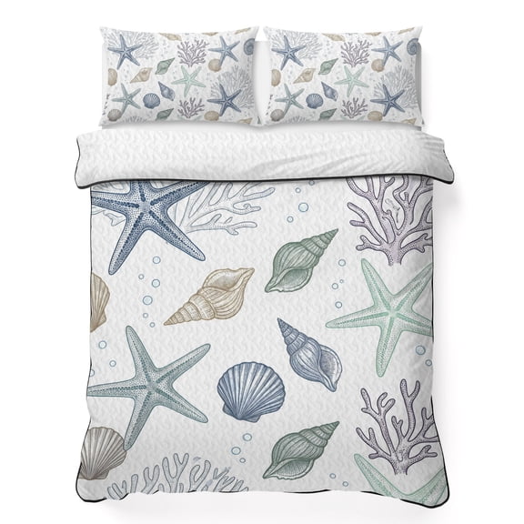 Queen Quilt Bedding Set, Sea Starfish Seashells Conch Coral Soft Microfiber Summer Bedspread Coverlet with 2 Pillow Shams for All Season, Summer Beach Breathable Bedding Set for Hot Sleepers