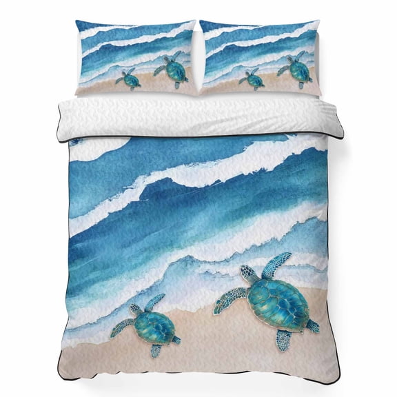Queen Quilt Bedding Set, Sea ​​turtle Summer Beach Wave Soft Microfiber Summer Bedspread Coverlet with 2 Pillow Shams for All Season, Blue Water Ripple Breathable Bedding Set for Hot Sleepers