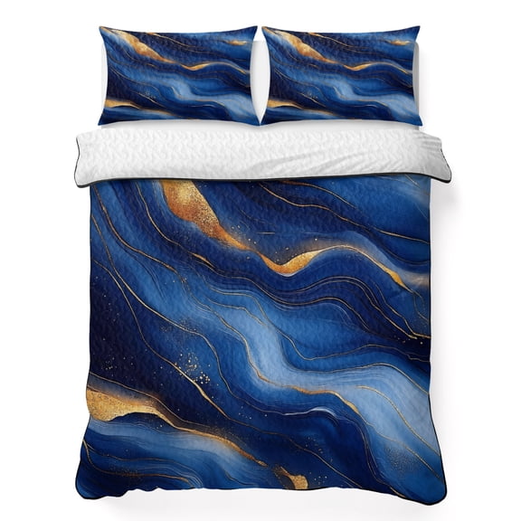 Queen Quilt Bedding Set Seamless Abstract Wavy Line Breathable Summer Cooling Blanket for Hot Sleepers, Gold Royal Blue Texture Lightweight Soft Bedding Set with 2 Pillow Shams for All Season