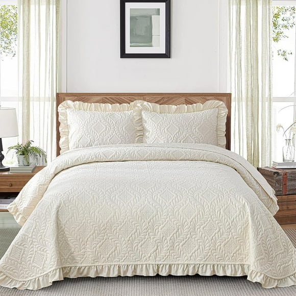 Queen Quilt Bedding Set Size, Beige Ruffled Lightweight Soft Bedspreads Queen Size Coverlet, Basket Weave Quilted Blanket Thin Quilt Bed Cover for All Season - 3 Piece (1 Quilt, 2 Pillow Shams)