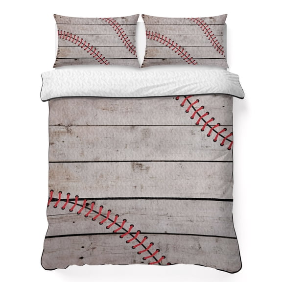 Queen Quilt Bedding Set Sports Baseball Texture Red Lines Lightweight Summer Quilted Coverlet for Hot Sleepers, Farm Wooden Plank Breathable Soft Cooling Blanket with 2 Pillow Shams for All Season