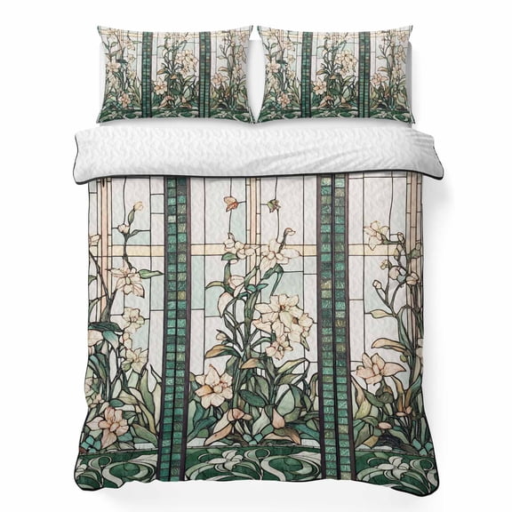 Queen Quilt Bedding Set, Spring Blossom Floral Dragonfly Soft Microfiber Summer Bedspread Coverlet with 2 Pillow Shams, Vintage Green Plants Colorful Plaid Breathable Bedding Set for Hot Sleepers