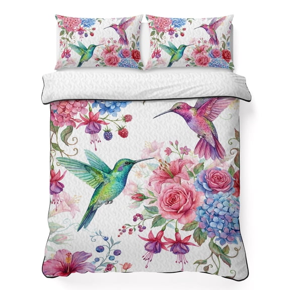 Queen Quilt Bedding Set, Spring Blossom Flower Hummingbird Soft Microfiber Summer Bedspread Coverlet with 2 Pillow Shams for All Season, Watercolor Floral Art Breathable Bedding Set for Hot Sleepers
