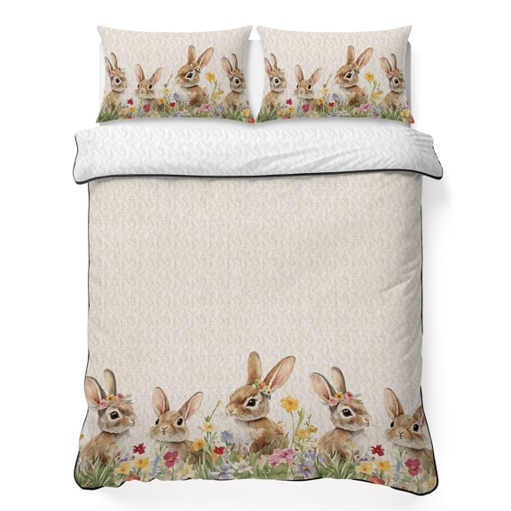 Queen Quilt Bedding Set, Spring Easter Farm Cute Rabbit Soft Microfiber Summer Bedspread Coverlet with 2 Pillow Shams, Watercolor Flower on Burlap Breathable Bedding Set for Hot Sleepers