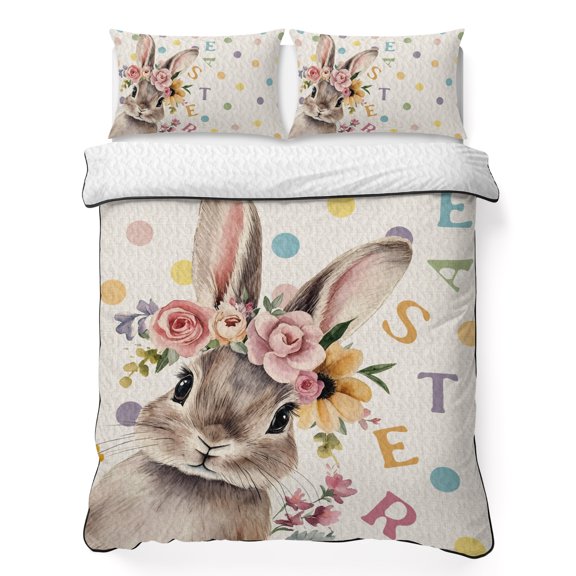 Queen Quilt Bedding Set, Spring Easter Farm Rabbit Flower Soft Microfiber Summer Bedspread Coverlet with 2 Pillow Shams, Colorful Quote Dot on Linen Breathable Bedding Set for Hot Sleepers