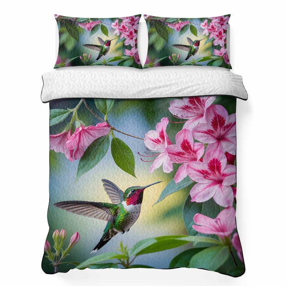 Queen Quilt Bedding Set, Spring Hummingbird Flower Leaf Soft Microfiber Summer Bedspread Coverlet with 2 Pillow Shams for All Season, Pastoral Pink Floral Bird Breathable Bedding Set for Hot Sleepers
