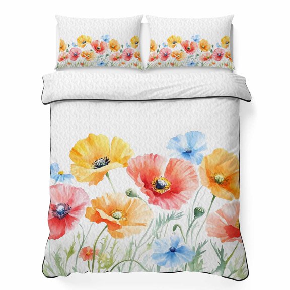 Queen Quilt Bedding Set, Spring Pink Orange Blue Poppies Flower 3 Piece Bedding Set Lightweight Breathable Quilt with 2 Pillow Shams, Watercolor Botanical Soft Microfiber Summer Comforter