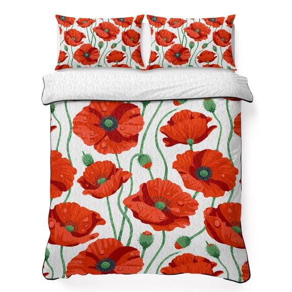 Queen Quilt Bedding Set, Spring Red Poppy Flower with Drop Soft Microfiber Summer Bedspread Coverlet with 2 Pillow Shams, Country Floral on White Breathable Bedding Set for Hot Sleepers