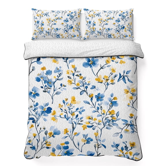 Queen Quilt Bedding Set Spring Summer Blue Yellow Flowers Summer Quilt Lightweight Quilted Coverlet with 2 Pillow Shams, Blossom Floral Botanical 3-Piece Bedspread Quilt Set for All Season