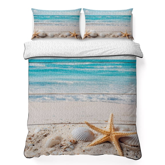 Queen Quilt Bedding Set Summer Beach Seashell Starfish Lightweight Summer Quilted Coverlet for Hot Sleepers, Blue Ocean Breathable Soft Cooling Blanket with 2 Pillow Shams for All Season