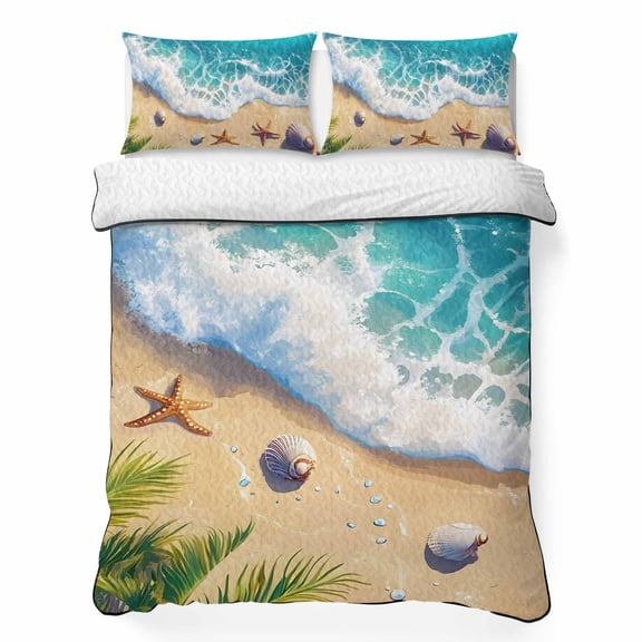 Queen Quilt Bedding Set, Summer Beach Shells Starfish Soft Microfiber Summer Bedspread Coverlet with 2 Pillow Shams for All Season, Blue Ocean Waves Breathable Bedding Set for Hot Sleepers