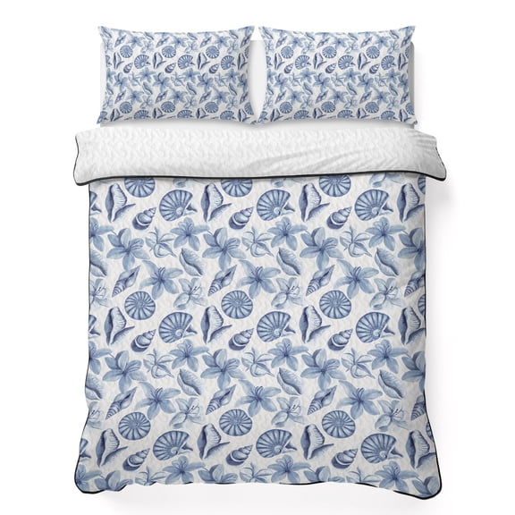 Queen Quilt Bedding Set Summer Blue Flower Shell Conch on Retro Lightweight Summer Quilted Coverlet for Hot Sleepers, Underwater World Breathable Soft Blanket with 2 Pillow Shams for All Season