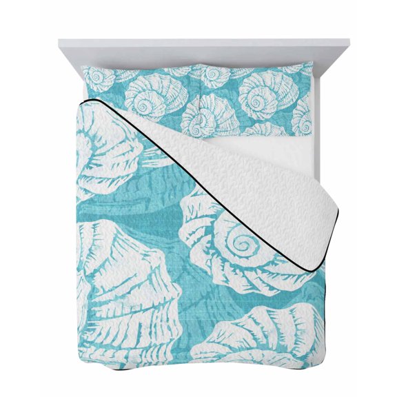 Queen Quilt Bedding Set, Summer Coastal Beach Conch Soft Microfiber Summer Bedspread Coverlet with 2 Pillow Shams for All Season, Minimalist Gradient Turquoise Breathable Bedding Set for Hot Sleepers