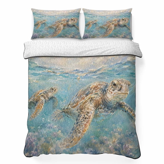 Queen Quilt Bedding Set, Summer Coastal Sea Turtle Soft Microfiber Summer Bedspread Coverlet with 2 Pillow Shams for All Season, Blue Ocean Wave Breathable Bedding Set for Hot Sleepers