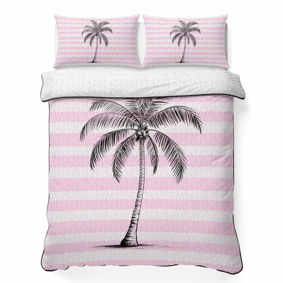 Queen Quilt Bedding Set Summer Coastal Tropical Palm Tree Lightweight Summer Quilted Coverlet for Hot Sleepers, Abstract Pink Stripes Breathable Soft Blanket with 2 Pillow Shams for All Season