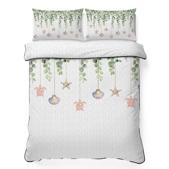 Queen Quilt Bedding Set, Summer Green Eucalyptus Leaves Sea Turtle Soft Microfiber Summer Bedspread Coverlet with 2 Pillow Shams, Ocean Starfish Shell Breathable Bedding Set for Hot Sleepers