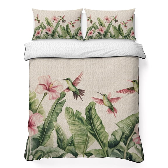 Queen Quilt Bedding Set Summer Hummingbird Floral Leaf Summer Quilt Lightweight Quilted Coverlet with 2 Pillow Shams, Watercolor Retro Linen Plants 3-Piece Bedspread Quilt Set for All Season