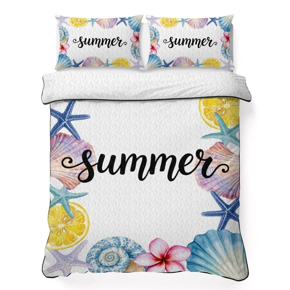 Queen Quilt Bedding Set, Summer Lemons Sea Stars Carnival Flowers Soft Microfiber Summer Bedspread Coverlet with 2 Pillow Shams for All Season, Oceans Shells Breathable Bedding Set for Hot Sleepers
