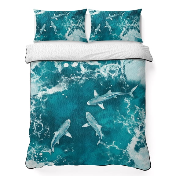 Queen Quilt Bedding Set, Summer Nautical Marine Shark Soft Microfiber Summer Bedspread Coverlet with 2 Pillow Shams, Watercolor Underwater Creature Breathable Bedding Set for Hot Sleepers