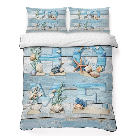 Queen Quilt Bedding Set, Summer Ocean Beach Shell Home Quote Soft Microfiber Summer Bedspread Coverlet with 2 Pillow Shams for All Season, Farm Blue Wood Board Breathable Bedding Set for Hot Sleepers