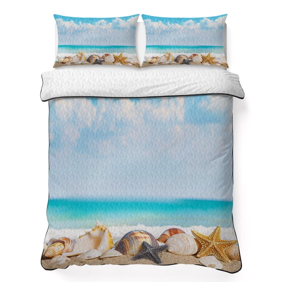 Queen Quilt Bedding Set, Summer Ocean Beach Shell Starfish Soft Microfiber Summer Bedspread Coverlet with 2 Pillow Shams, Marine Coastal Blue Sky Breathable Bedding Set for Hot Sleepers
