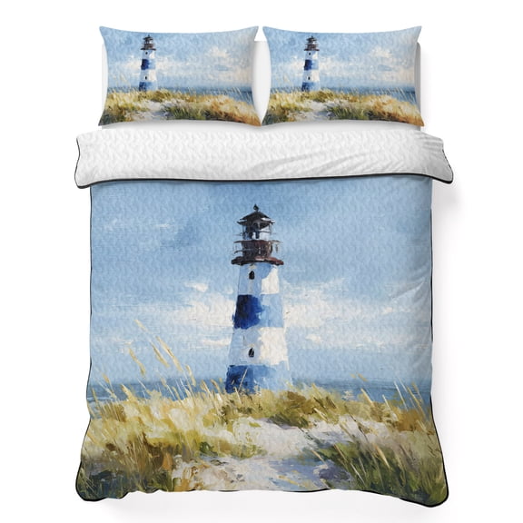 Queen Quilt Bedding Set, Summer Ocean Seaside Lighthouse Soft Microfiber Summer Bedspread Coverlet with 2 Pillow Shams for All Season, Retro Oil Painting Style Breathable Bedding Set for Hot Sleepers