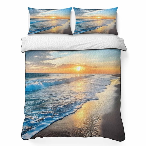 Queen Quilt Bedding Set, Summer Ocean Spray Sunset Soft Microfiber Summer Bedspread Coverlet with 2 Pillow Shams for All Season, Seaside Beach Cloud Sky Breathable Bedding Set for Hot Sleepers