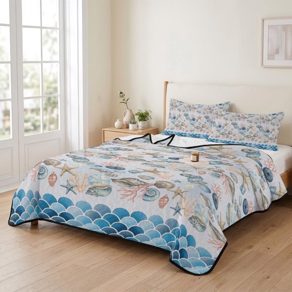 Queen Quilt Bedding Set, Summer Ocean Starfish Coral Lightweight Coverlet Summer Comforter Set Soft Microfiber Bedspread, Gradient Blue Fish Scale 3 Piece Quilt Set with 2 Pillow Shams