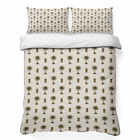 Queen Quilt Bedding Set Summer Palm Tree Pineapple Seamless Lightweight Summer Quilted Coverlet for Hot Sleepers, Tropical Plant Fruit Breathable Soft Blanket with 2 Pillow Shams for All Season