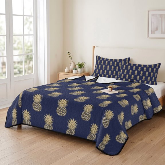 Queen Quilt Bedding Set, Summer Pineapple Navy Blue Lightweight Coverlet Summer Comforter Set Soft Microfiber Bedspread, Fruit Seamless 3 Piece Quilt Set with 2 Pillow Shams All Seasons Use