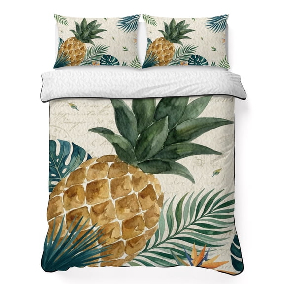 Queen Quilt Bedding Set, Summer Pineapple Palm Leaf Soft Microfiber Summer Bedspread Coverlet with 2 Pillow Shams, Tropical Leaves Vintage Letter Breathable Bedding Set for Hot Sleepers