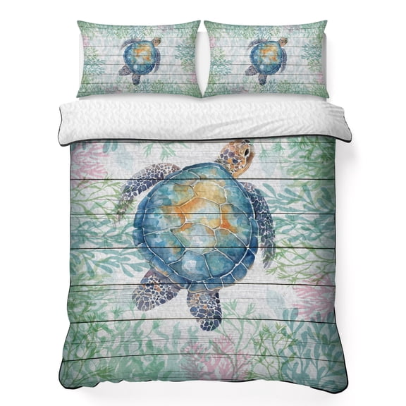 Queen Quilt Bedding Set, Summer Sea Turtles Green Seaweed Soft Microfiber Summer Bedspread Coverlet with 2 Pillow Shams for All Season, Vintage Wood Board Breathable Bedding Set for Hot Sleepers