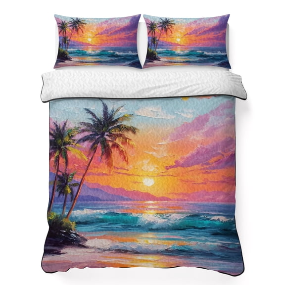 Queen Quilt Bedding Set, Summer Tropical Ocean Wave Soft Microfiber Summer Bedspread Coverlet with 2 Pillow Shams for All Season, Palm Trees Sunset Breathable Bedding Set for Hot Sleepers