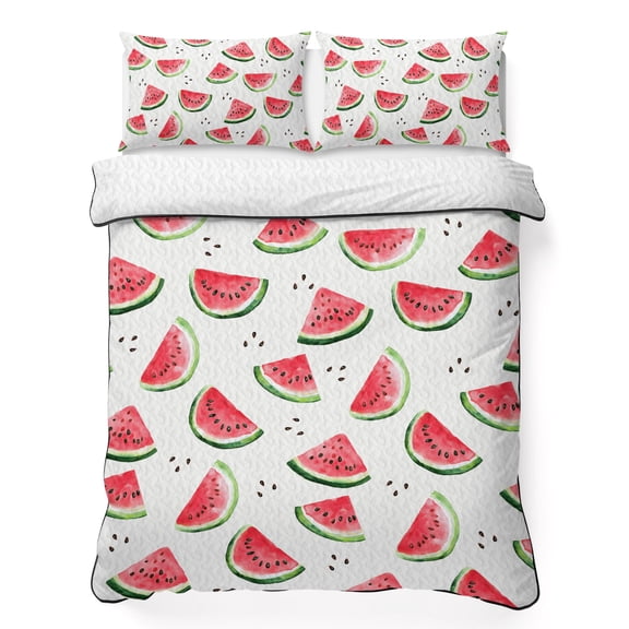 Queen Quilt Bedding Set Summer Watermelon Seamless Breathable Summer Cooling Blanket for Hot Sleepers, Farm Fruit Harvest Lightweight Soft Bedding Set with 2 Pillow Shams for All Season