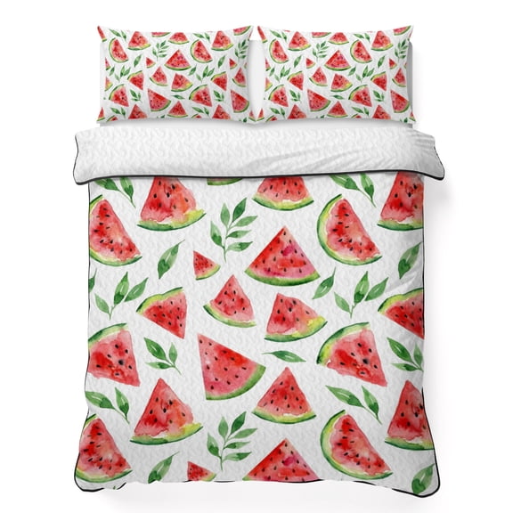 Queen Quilt Bedding Set Summer Watermelon Seamless Breathable Summer Cooling Blanket for Hot Sleepers, Tropical Fruit Lightweight Soft Bedding Set with 2 Pillow Shams for All Season